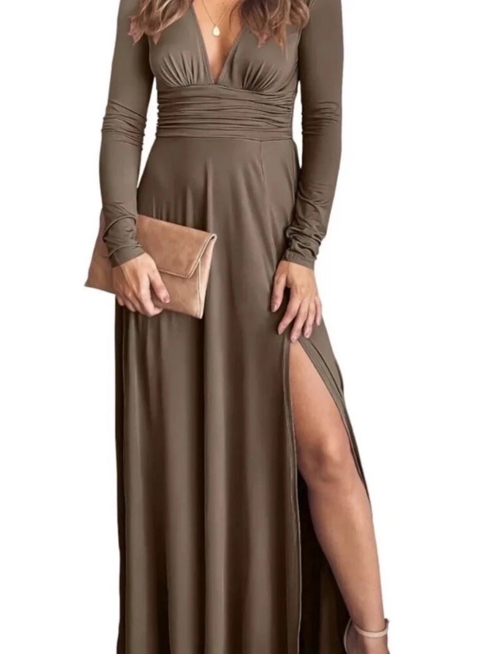 Anrabess Ruched Empire Long-Sleeve Maxi Dress in Brown
